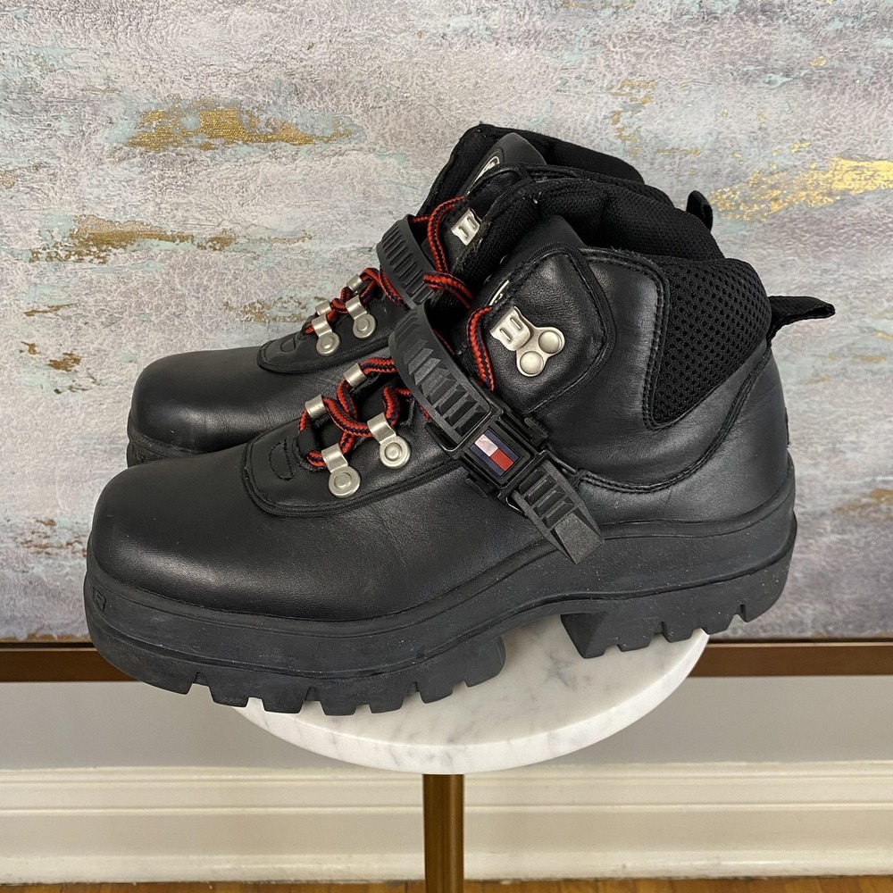 Tommy Hilfiger Boots Womens Size 9.5 Black Leather Hiking Combat Chunky Lug Sole